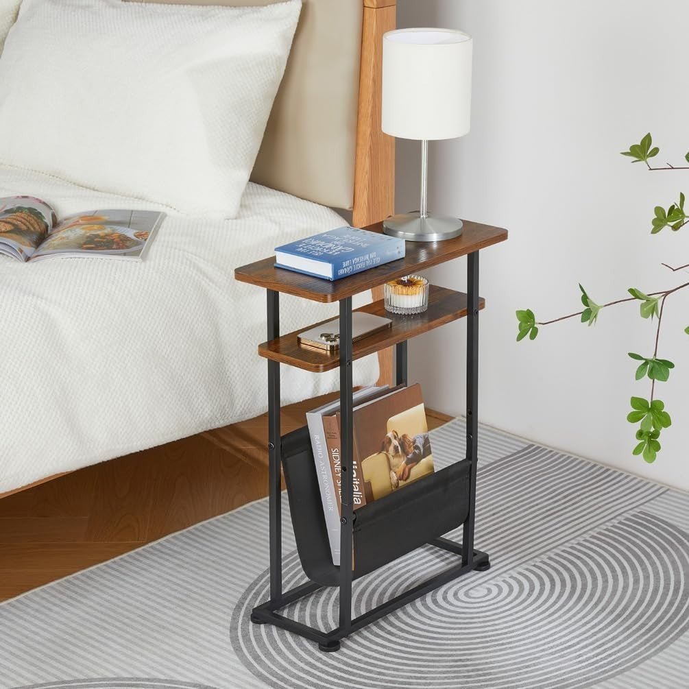Rustic Brown Slim Side Table with Magazine Holder 18x42x55cm - Kwikley