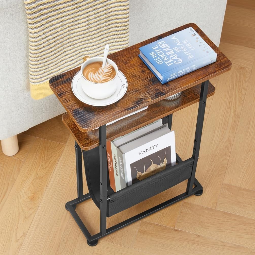 Rustic Brown Slim Side Table with Magazine Holder 18x42x55cm - Kwikley