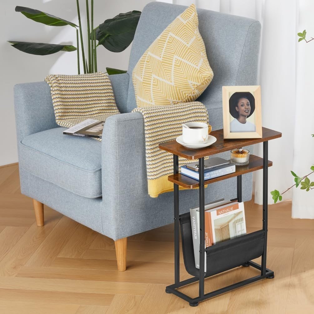 Rustic Brown Slim Side Table with Magazine Holder 18x42x55cm - Kwikley