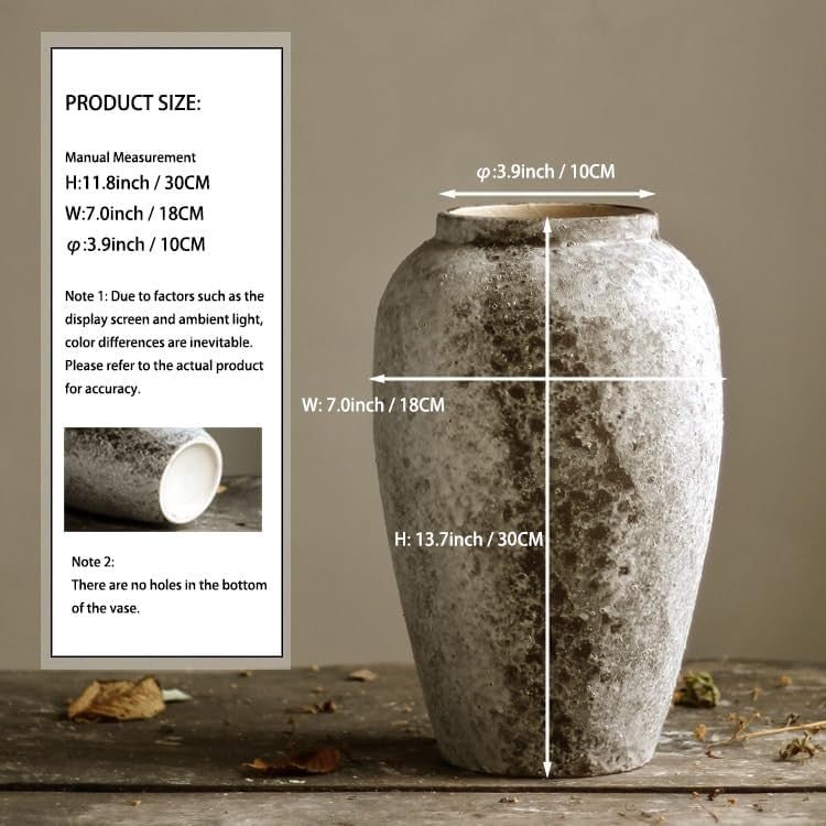 Rustic Ceramic Floor Vase Tall Farmhouse Terracotta Decor Entryway 30cm - Kwikley