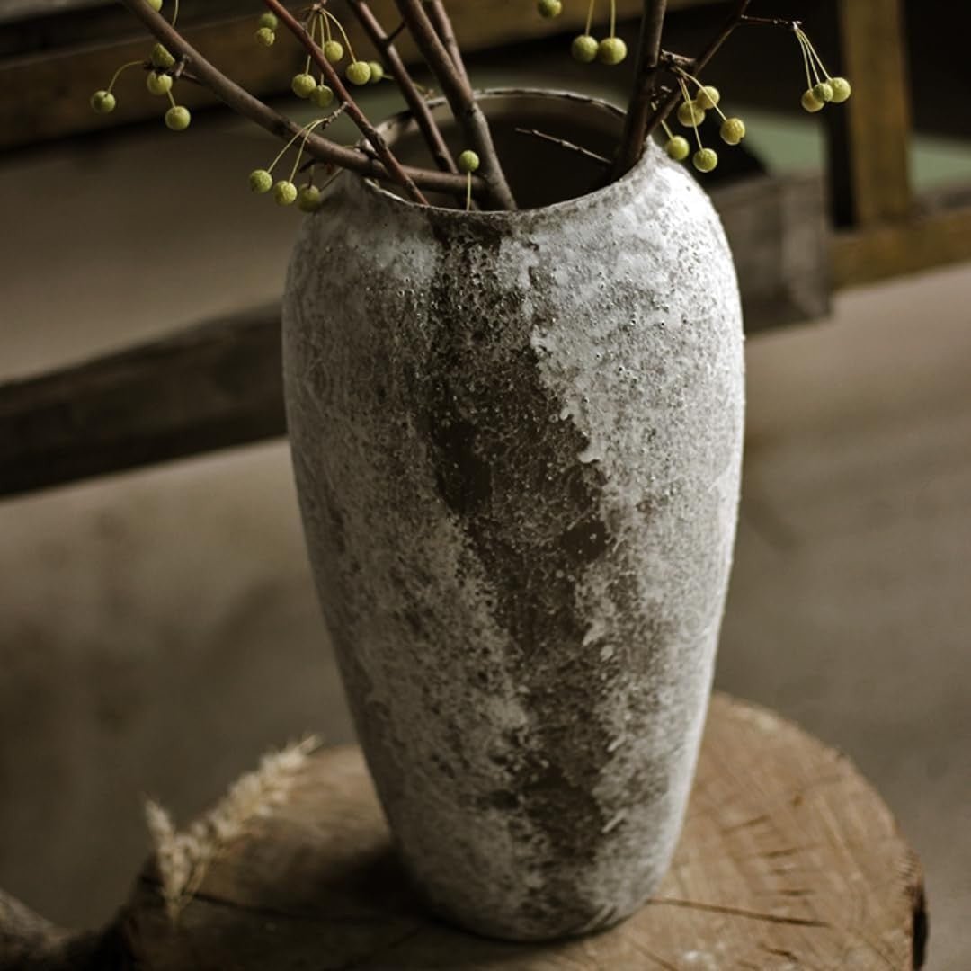 Rustic Ceramic Tall Floor Vase Farmhouse Terracotta Decor Entryway 35cm - Kwikley