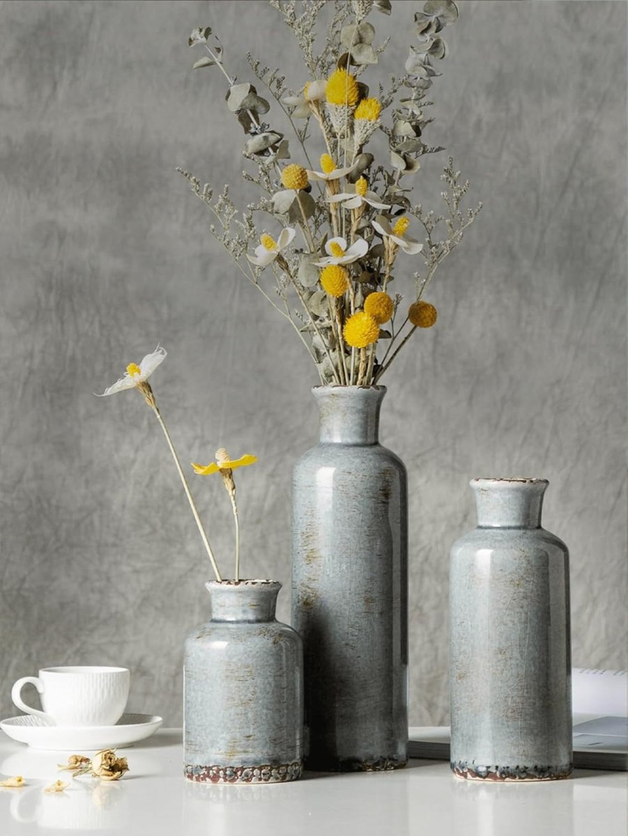 Rustic Ceramic Vase Set of 3 Decorative Vases for Table Shelf - Kwikley