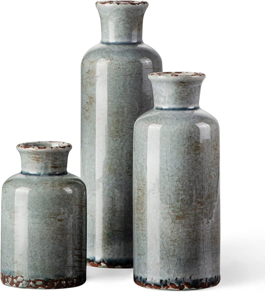Rustic Ceramic Vase Set of 3 Decorative Vases for Table Shelf - Kwikley