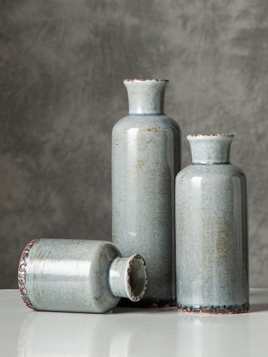 Rustic Ceramic Vase Set of 3 Decorative Vases for Table Shelf Home - Kwikley