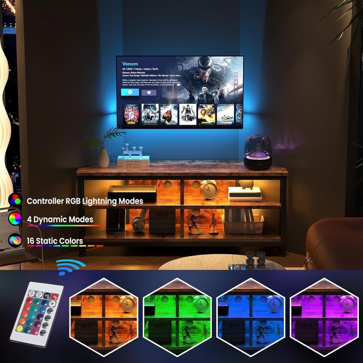 Rustic Corner TV Stand LED Lighting Storage Cabinet for 50" TVs Gaming Setup - Kwikley