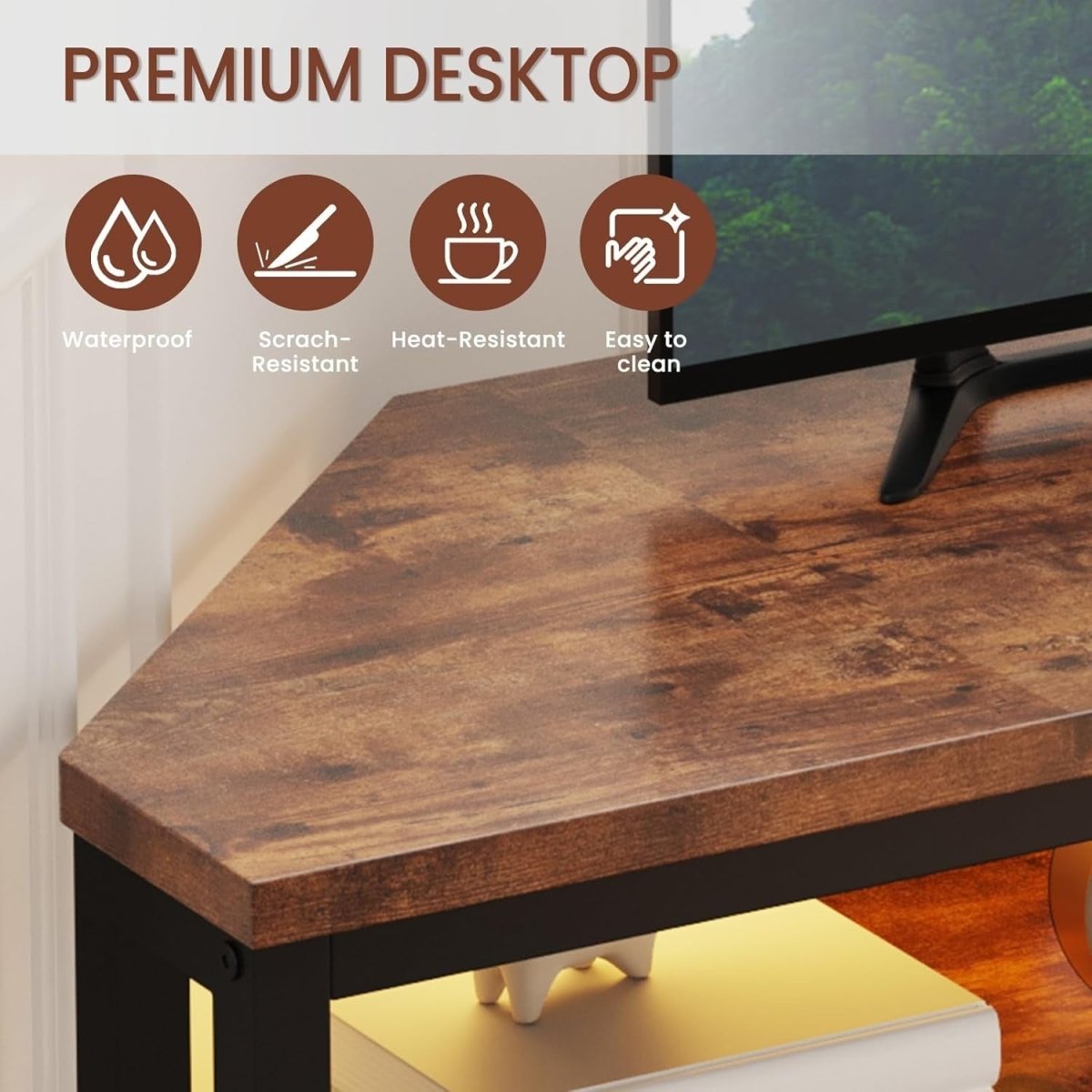 Rustic Corner TV Stand LED Lighting Storage Cabinet for 50" TVs Gaming Setup - Kwikley
