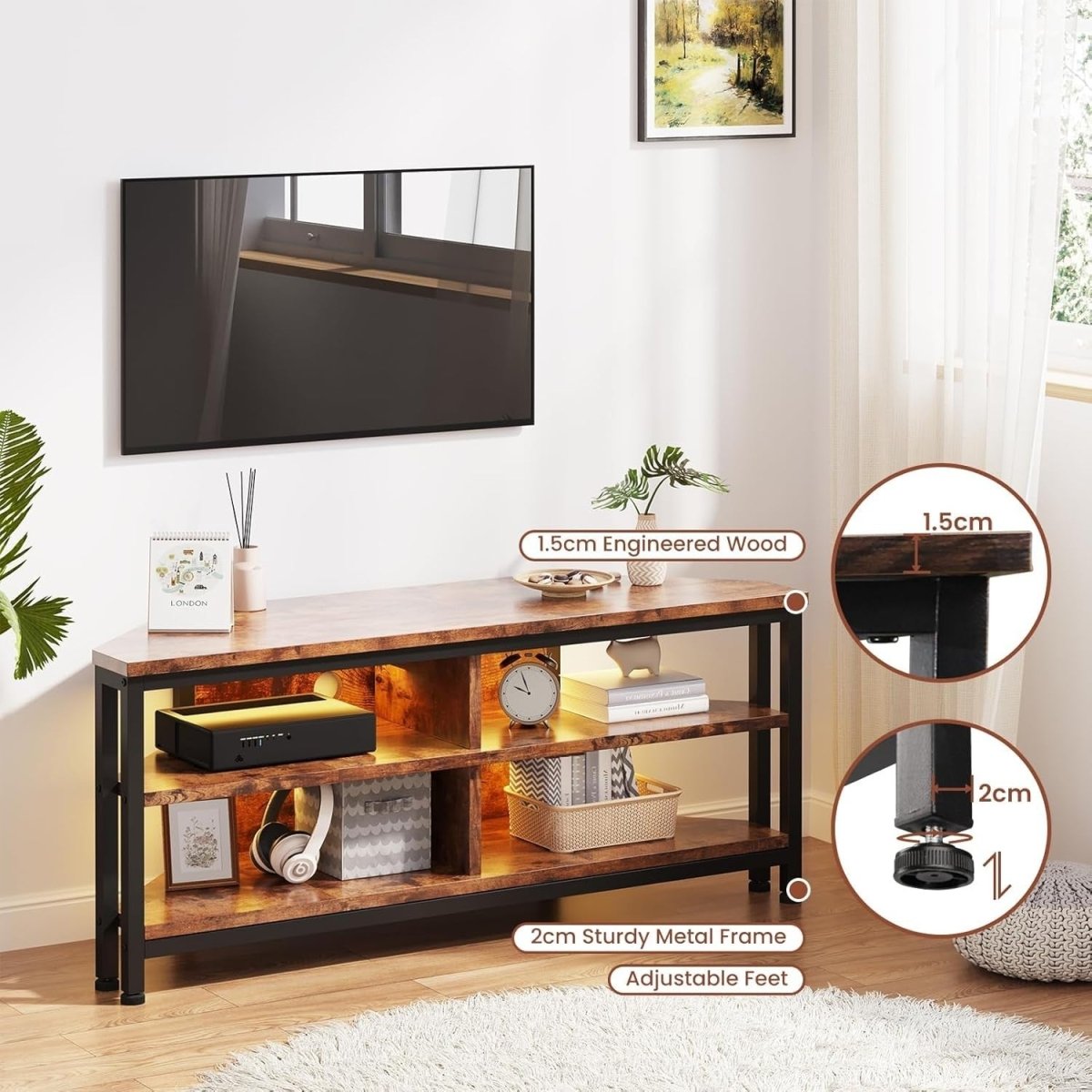 Rustic Corner TV Stand LED Lighting Storage Cabinet for 50" TVs Gaming Setup - Kwikley
