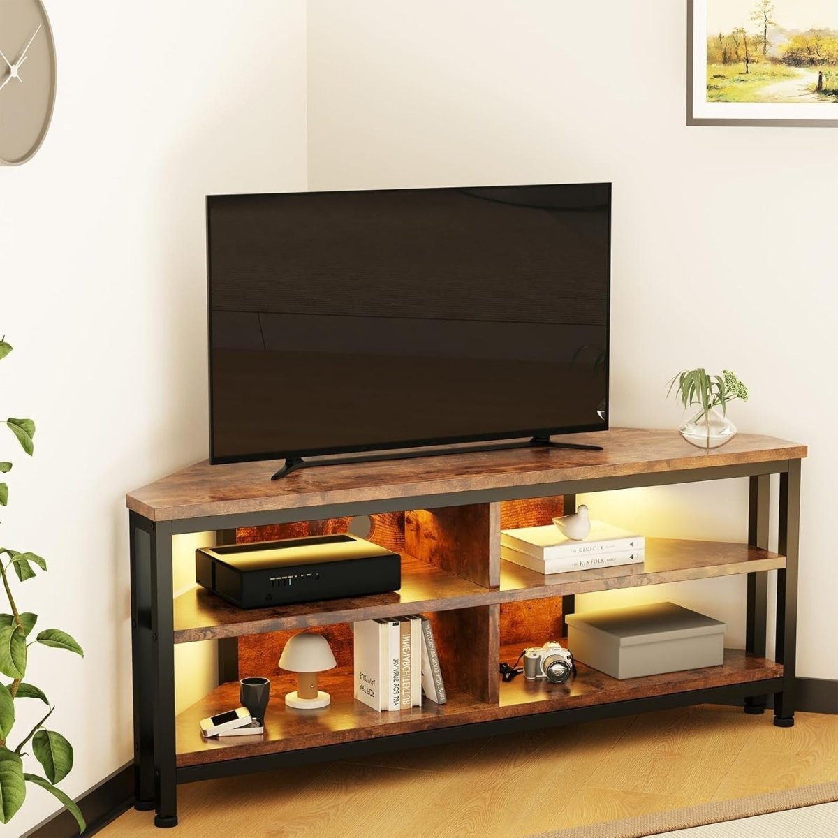 Rustic Corner TV Stand LED Lighting Storage Cabinet for 50" TVs Gaming Setup - Kwikley