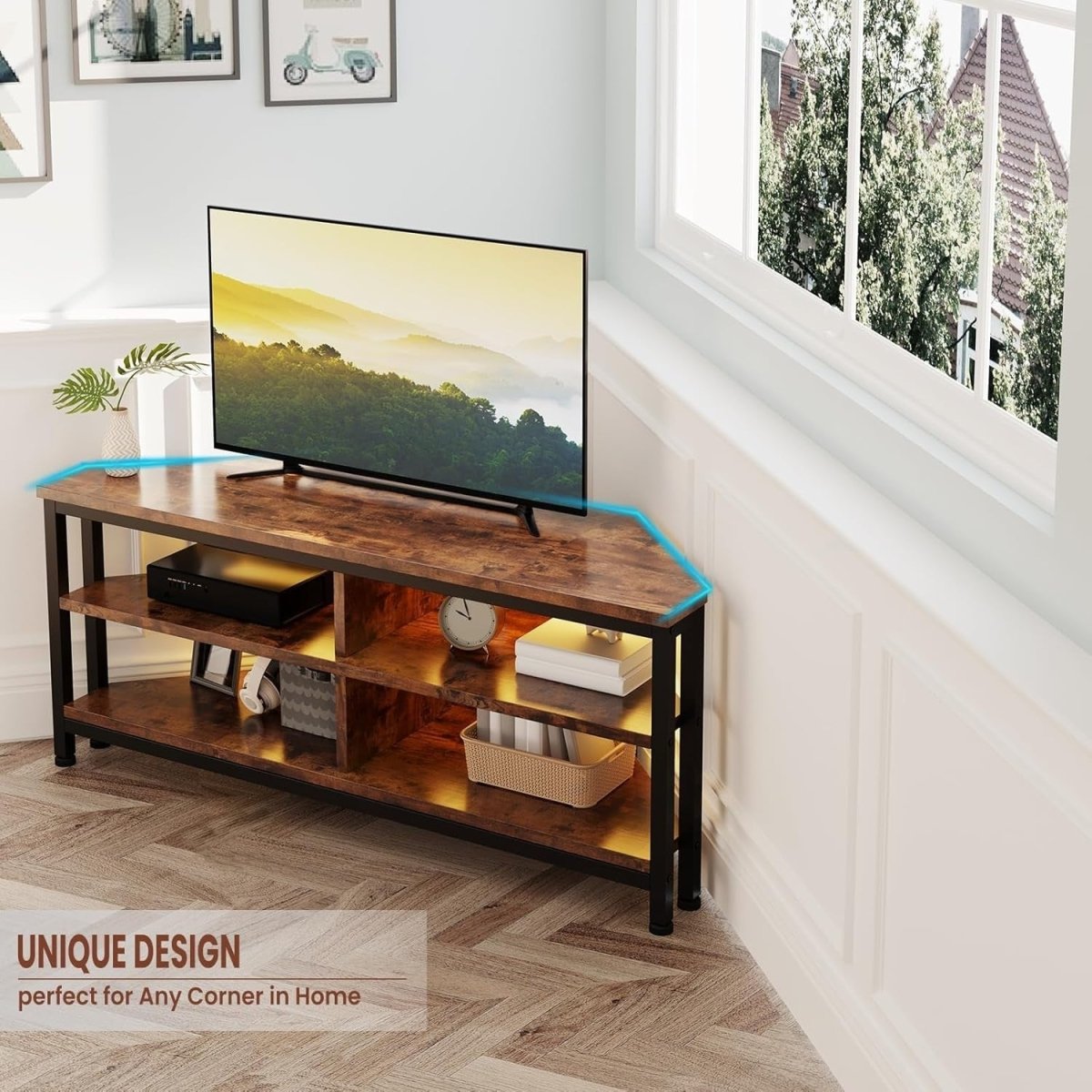 Rustic Corner TV Stand LED Lighting Storage Cabinet for 50" TVs Gaming Setup - Kwikley