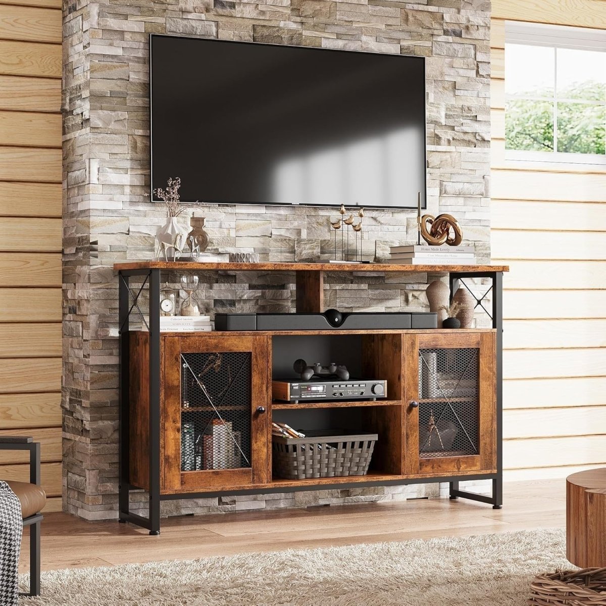 Rustic Industrial TV Stand for 55" TVs with Storage Cabinet & Adjustable Shelves - Kwikley
