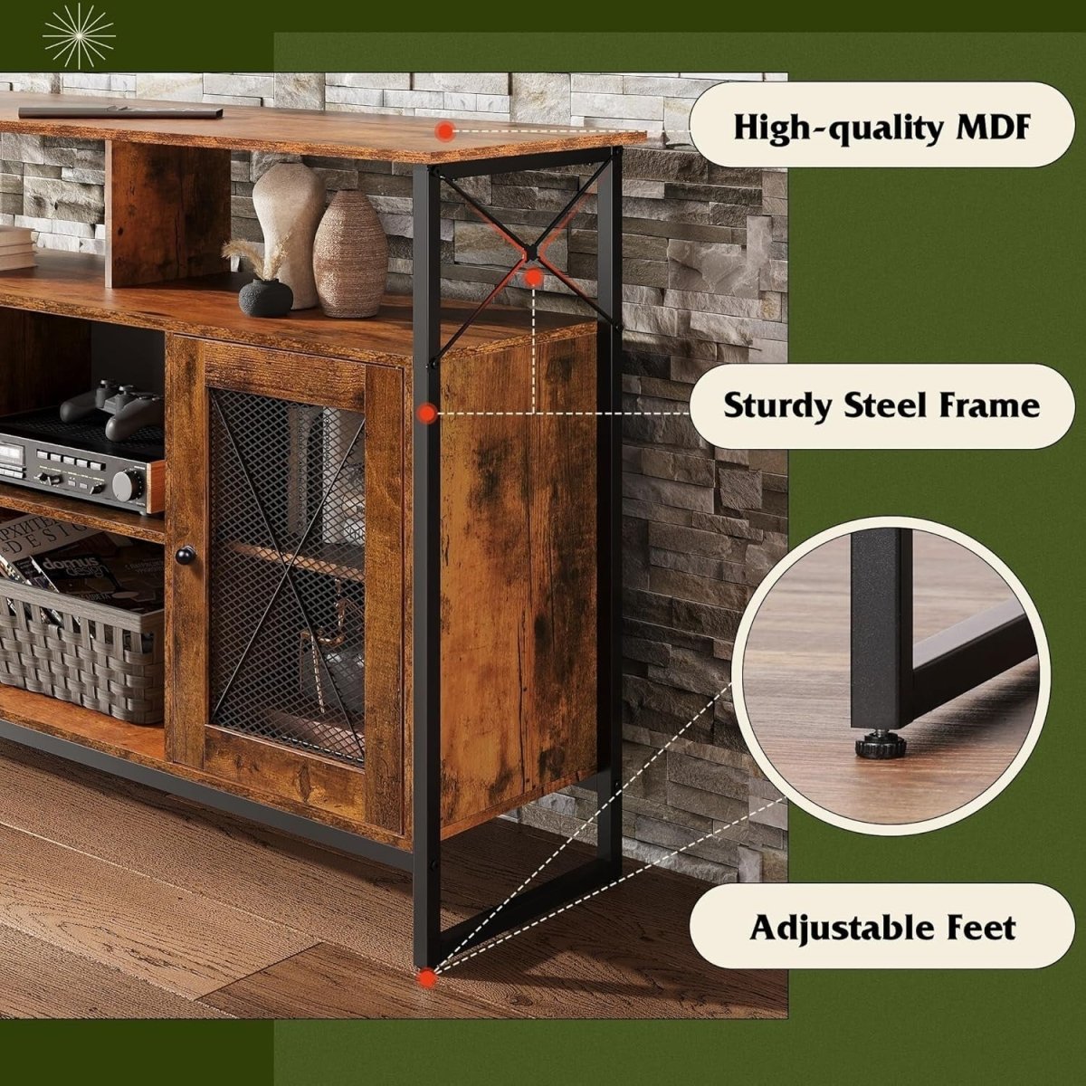 Rustic Industrial TV Stand for 55" TVs with Storage Cabinet & Adjustable Shelves - Kwikley