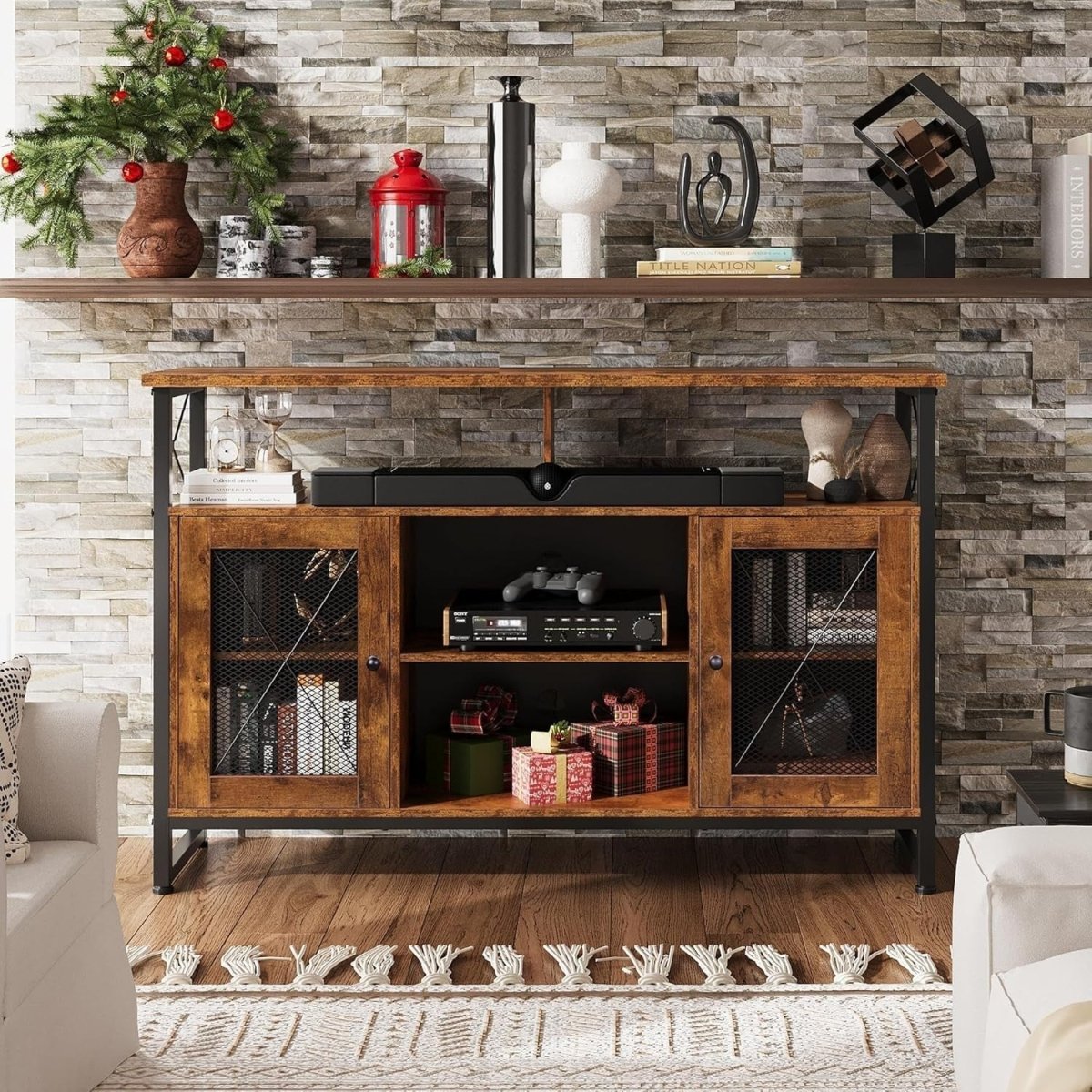 Rustic Industrial TV Stand for 55" TVs with Storage Cabinet & Adjustable Shelves - Kwikley