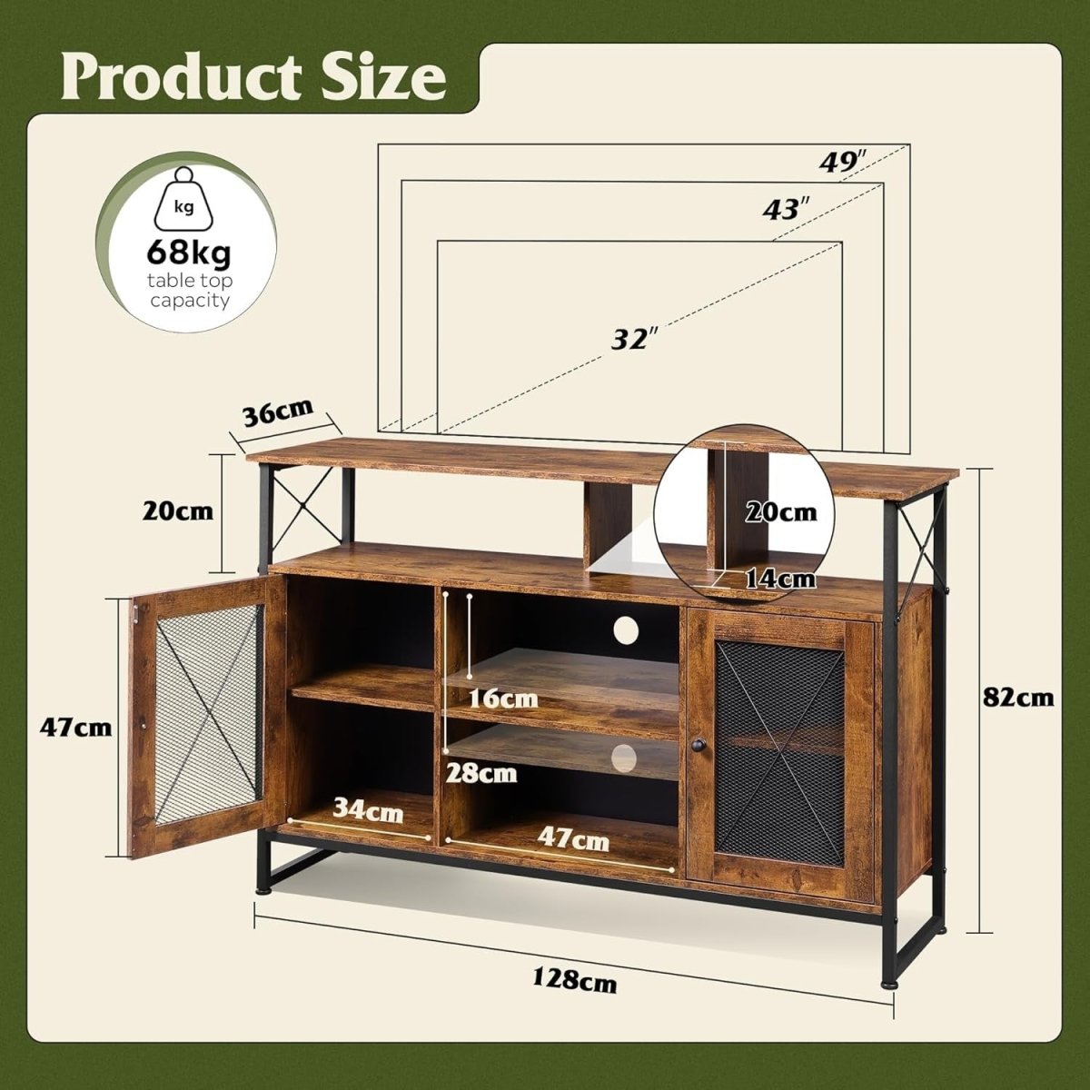 Rustic Industrial TV Stand for 55" TVs with Storage Cabinet & Adjustable Shelves - Kwikley