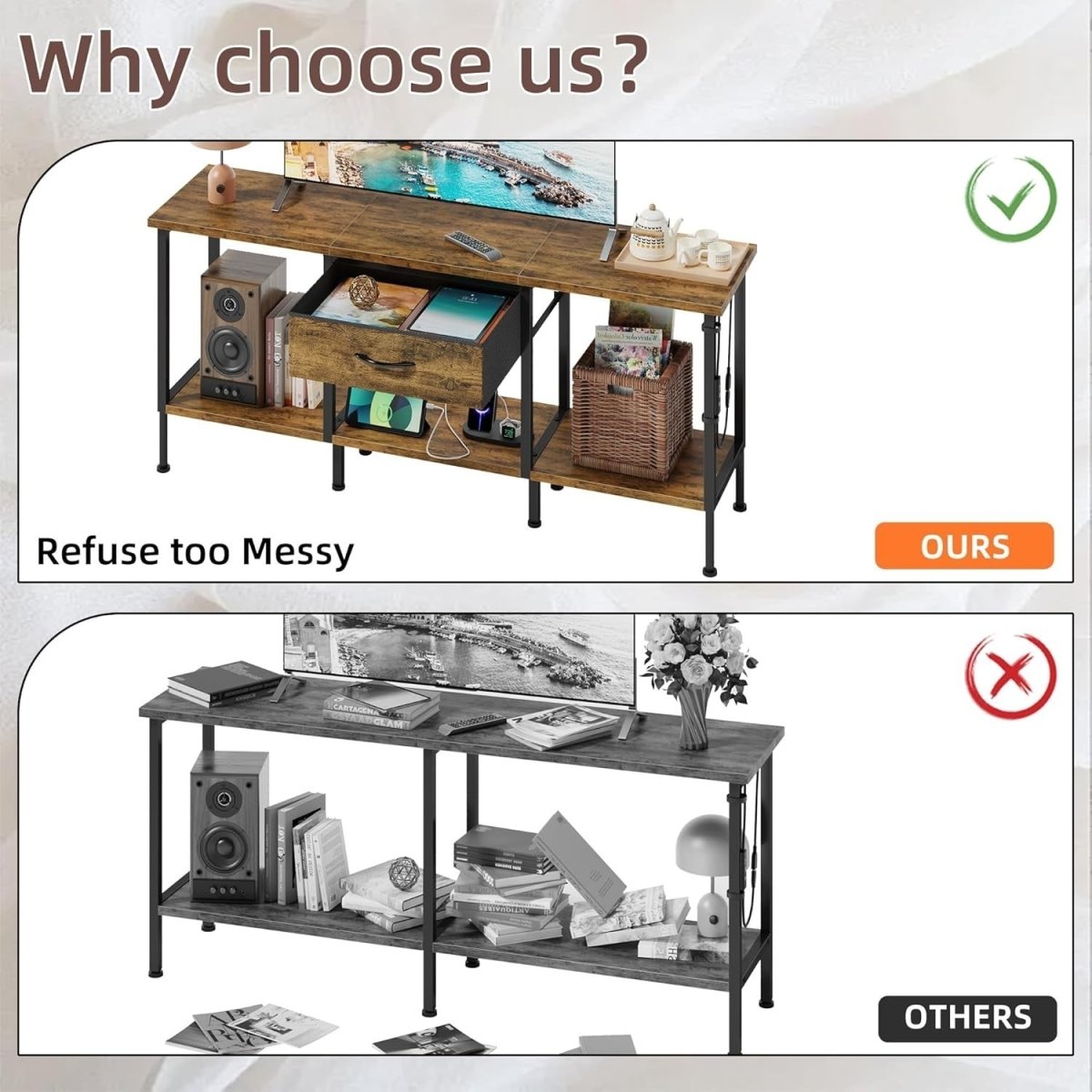 Rustic LED TV Stand for 65” with Power Outlets, Storage & Drawer Unit - Kwikley