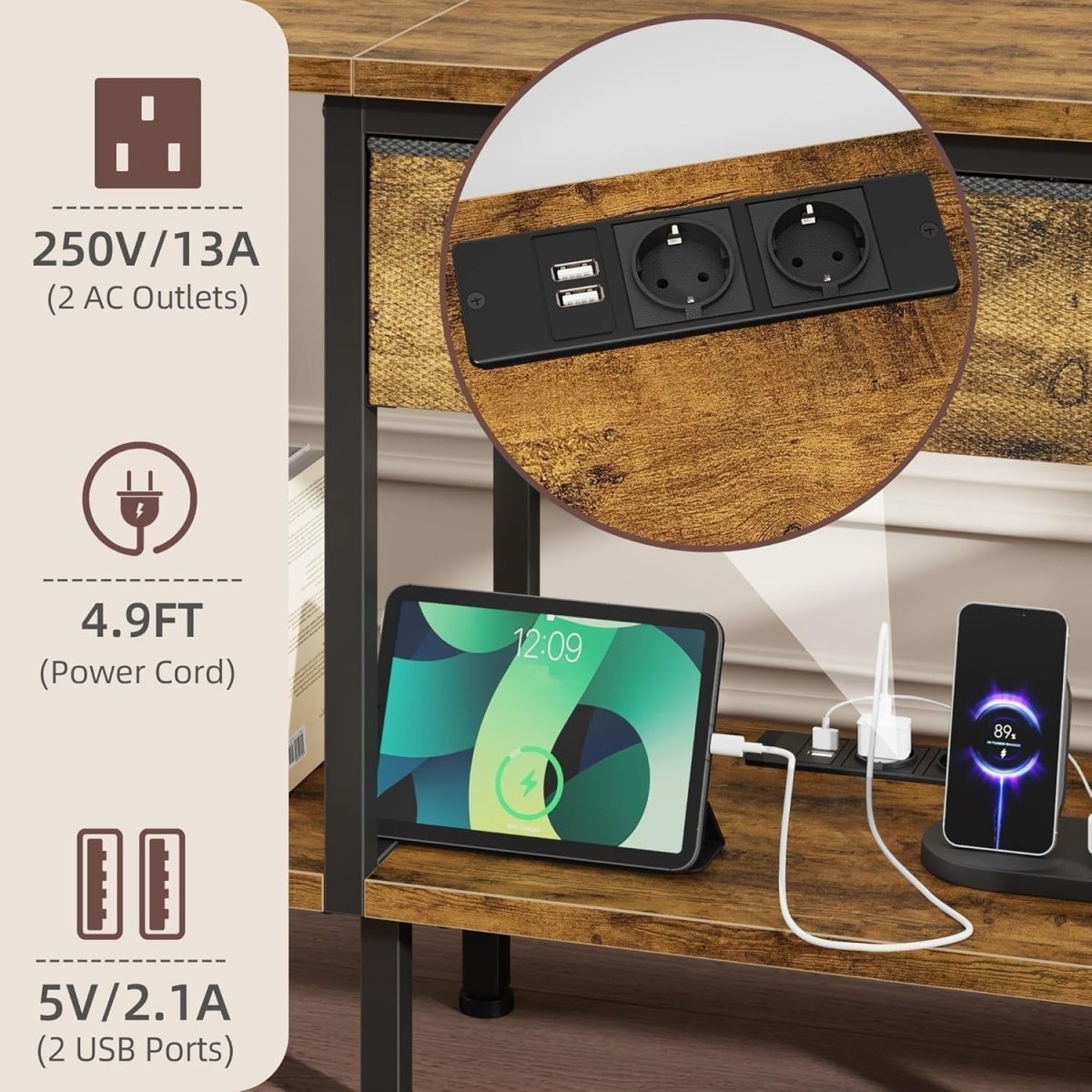 Rustic LED TV Stand for 65” with Power Outlets, Storage & Drawer Unit - Kwikley