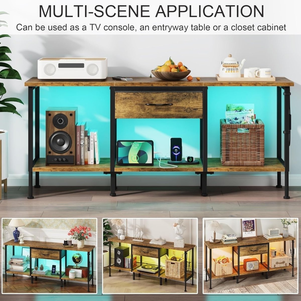 Rustic LED TV Stand for 65” with Power Outlets, Storage & Drawer Unit - Kwikley