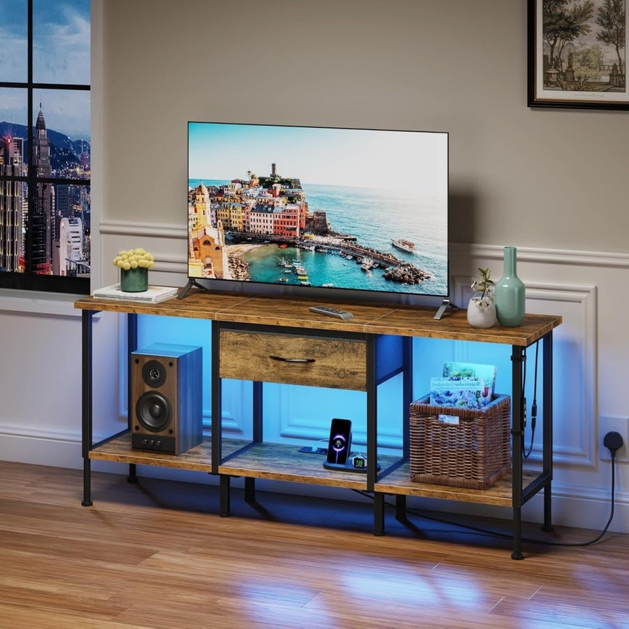 Rustic LED TV Stand for 65” with Power Outlets, Storage & Drawer Unit - Kwikley