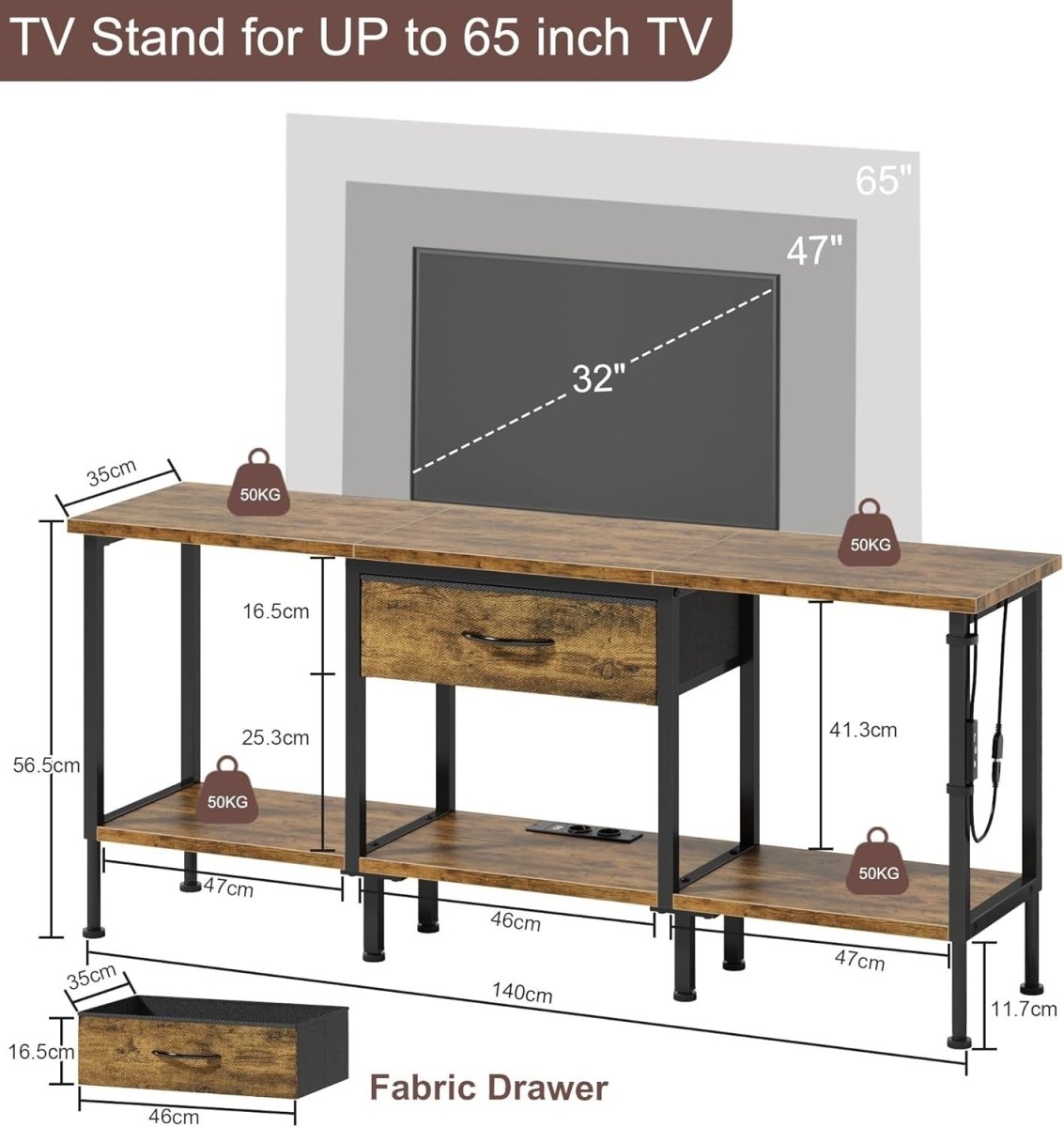 Rustic LED TV Stand for 65” with Power Outlets, Storage & Drawer Unit - Kwikley