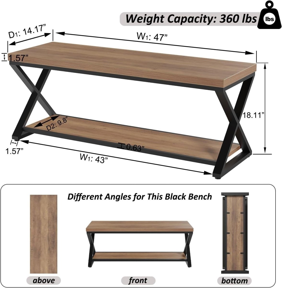 Rustic Oak 120cm Industrial Entryway Bench with Open Storage Shelves - Kwikley