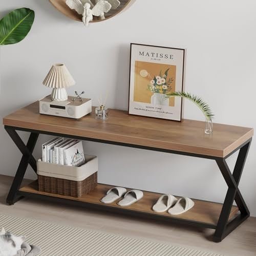 Rustic Oak 120cm Industrial Entryway Bench with Open Storage Shelves - Kwikley