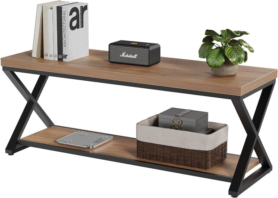 Rustic Oak 120cm Industrial Entryway Bench with Open Storage Shelves - Kwikley