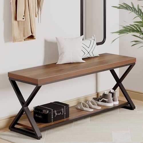 Rustic Oak 120cm Industrial Entryway Bench with Open Storage Shelves - Kwikley