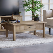 Rustic Pine Coffee Table with Drawer, Solid Wood, Large Top, Natural Finish - Kwikley