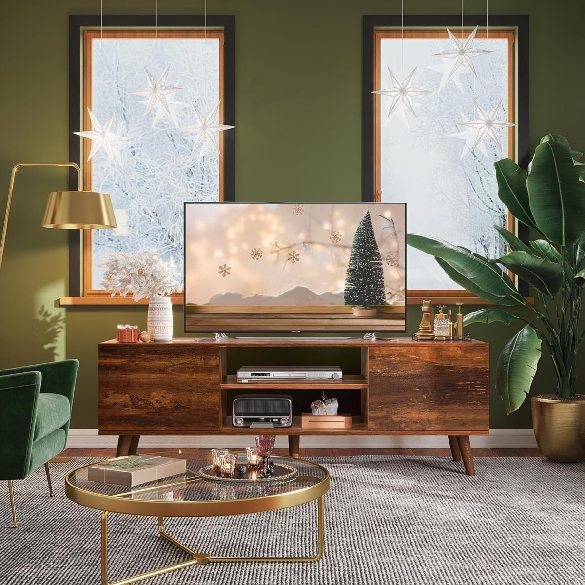 Rustic TV Stand Cabinet Unit for 60” TVs Storage Shelves Mid Century - Kwikley