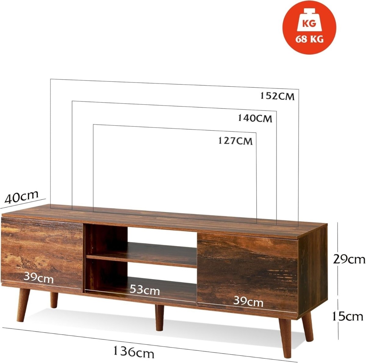 Rustic TV Stand Cabinet Unit for 60” TVs Storage Shelves Mid Century - Kwikley