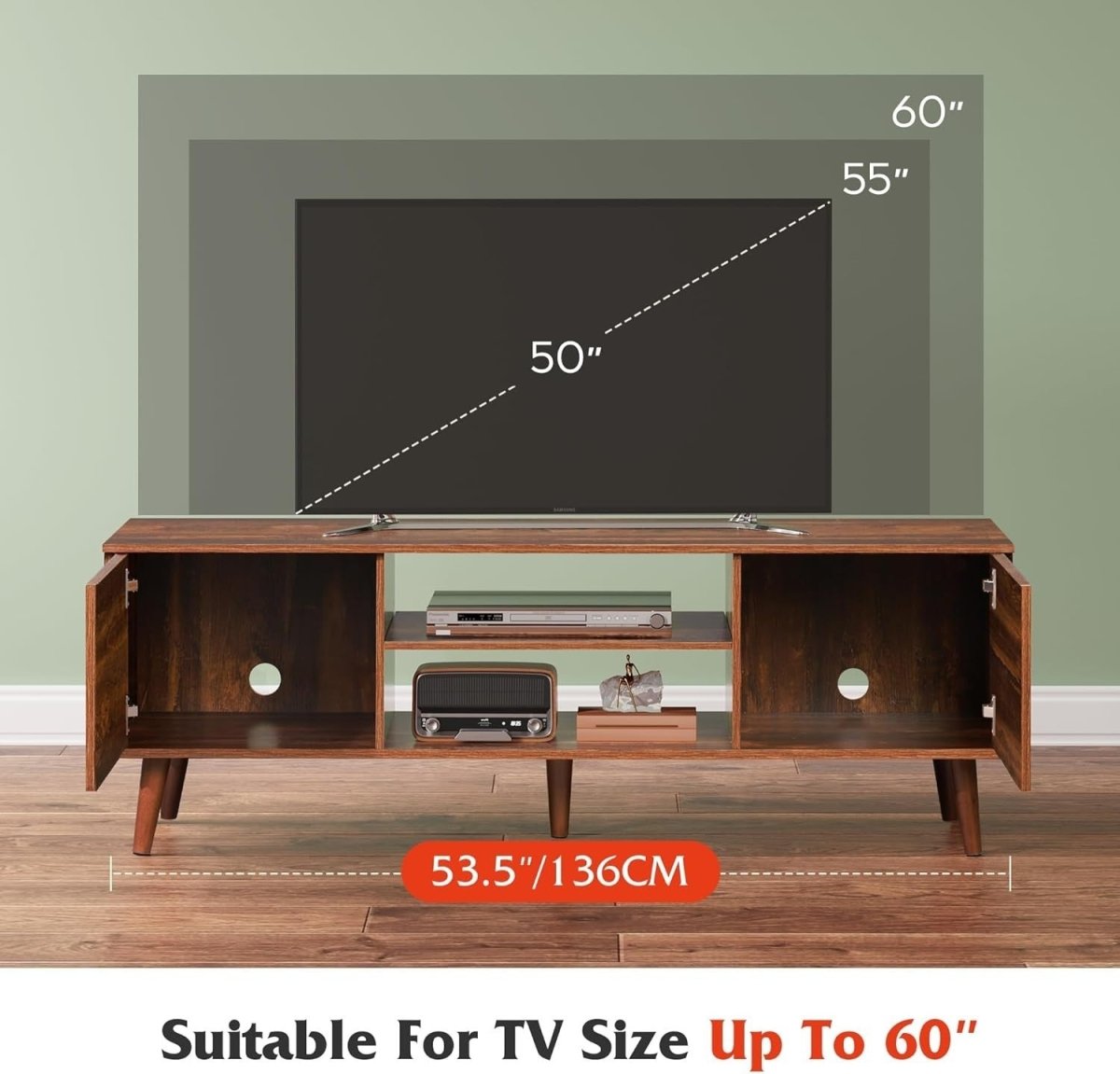Rustic TV Stand Cabinet Unit for 60” TVs Storage Shelves Mid Century - Kwikley