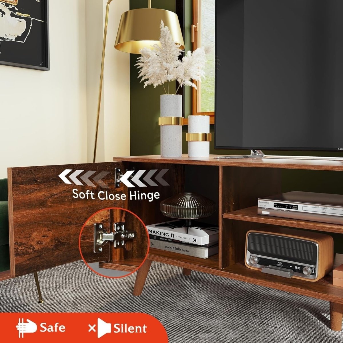 Rustic TV Stand Cabinet Unit for 60” TVs Storage Shelves Mid Century - Kwikley