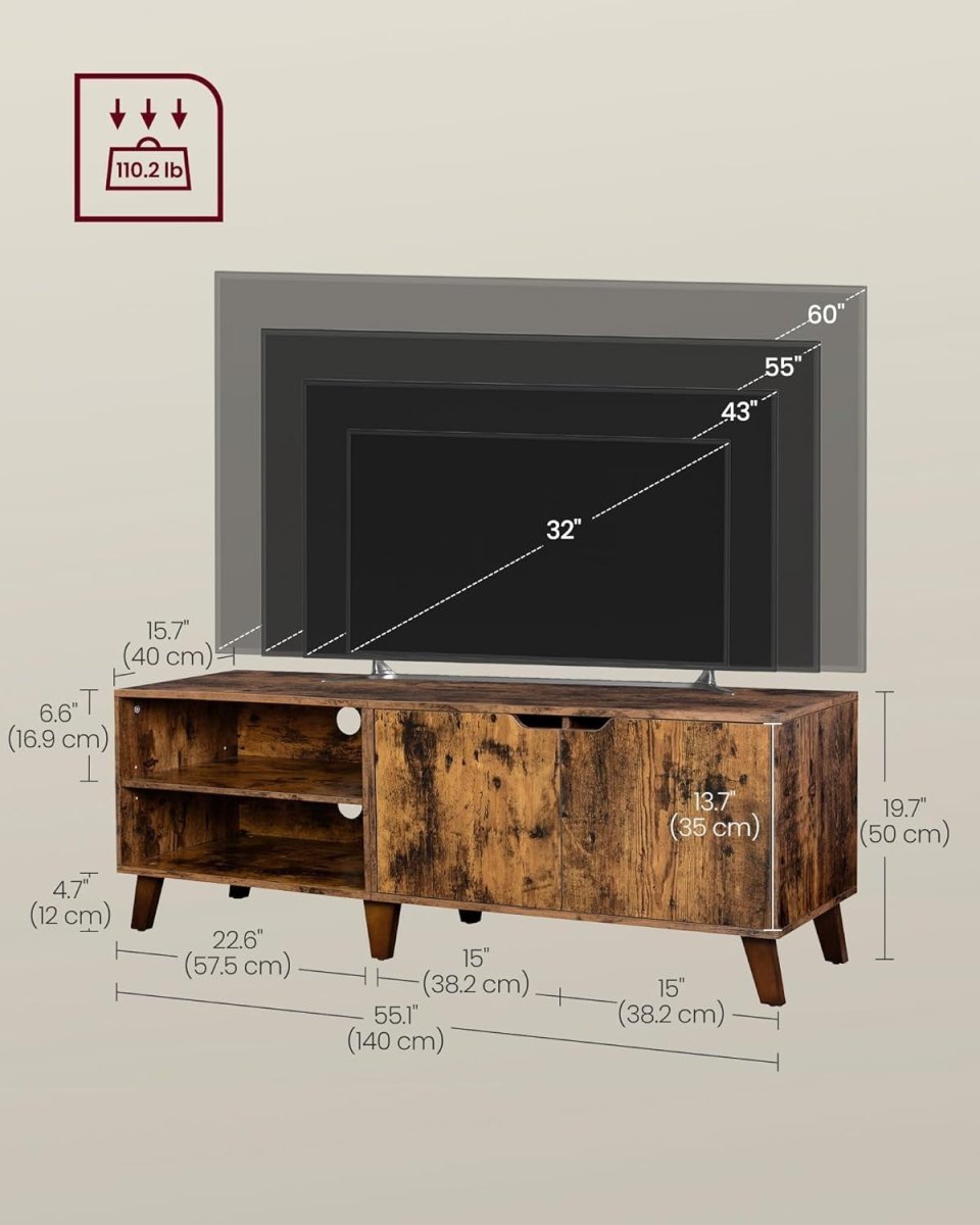 Rustic TV Stand for 65" TVs with Storage, 2 Doors, Adjustable Shelves, 140cm - Kwikley