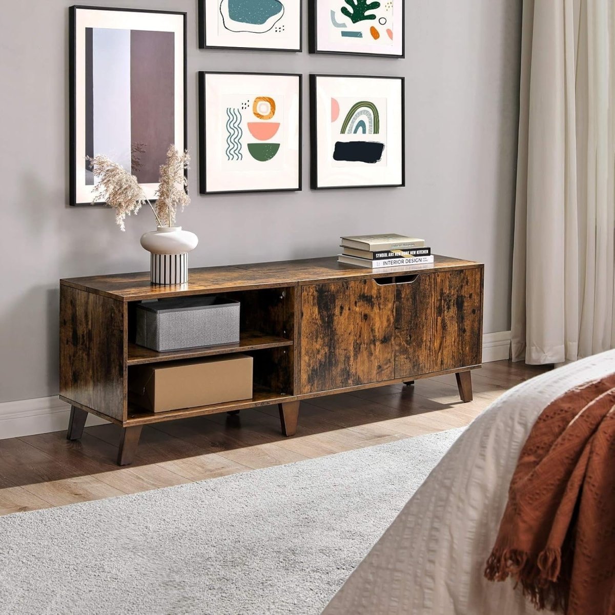Rustic TV Stand for 65" TVs with Storage, 2 Doors, Adjustable Shelves, 140cm - Kwikley