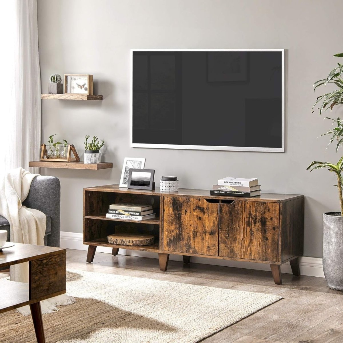 Rustic TV Stand for 65" TVs with Storage, 2 Doors, Adjustable Shelves, 140cm - Kwikley