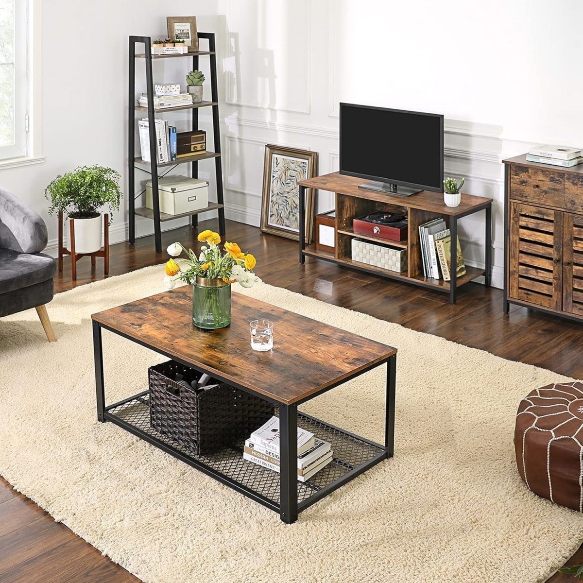 Rustic TV Stand for up to 50" TVs, Open Shelf Console, Brown and Black - Kwikley