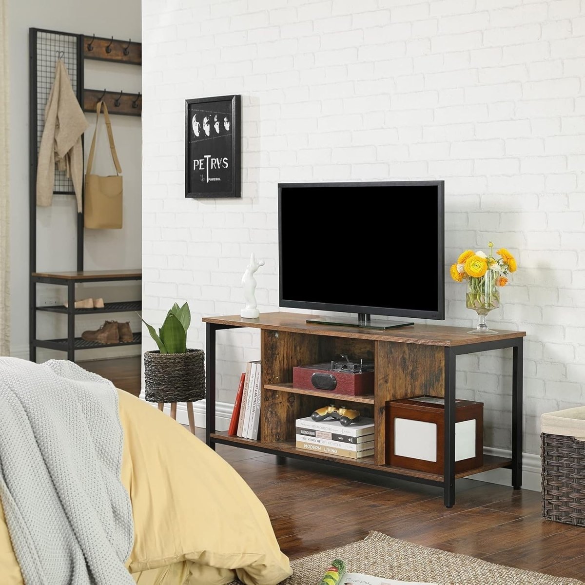 Rustic TV Stand for up to 50" TVs, Open Shelf Console, Brown and Black - Kwikley