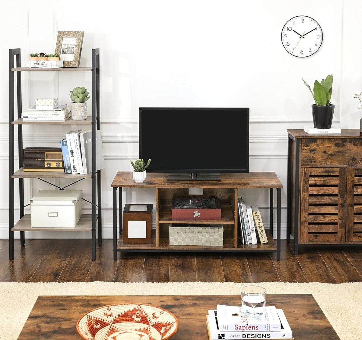 Rustic TV Stand for up to 50" TVs, Open Shelf Console, Brown and Black - Kwikley