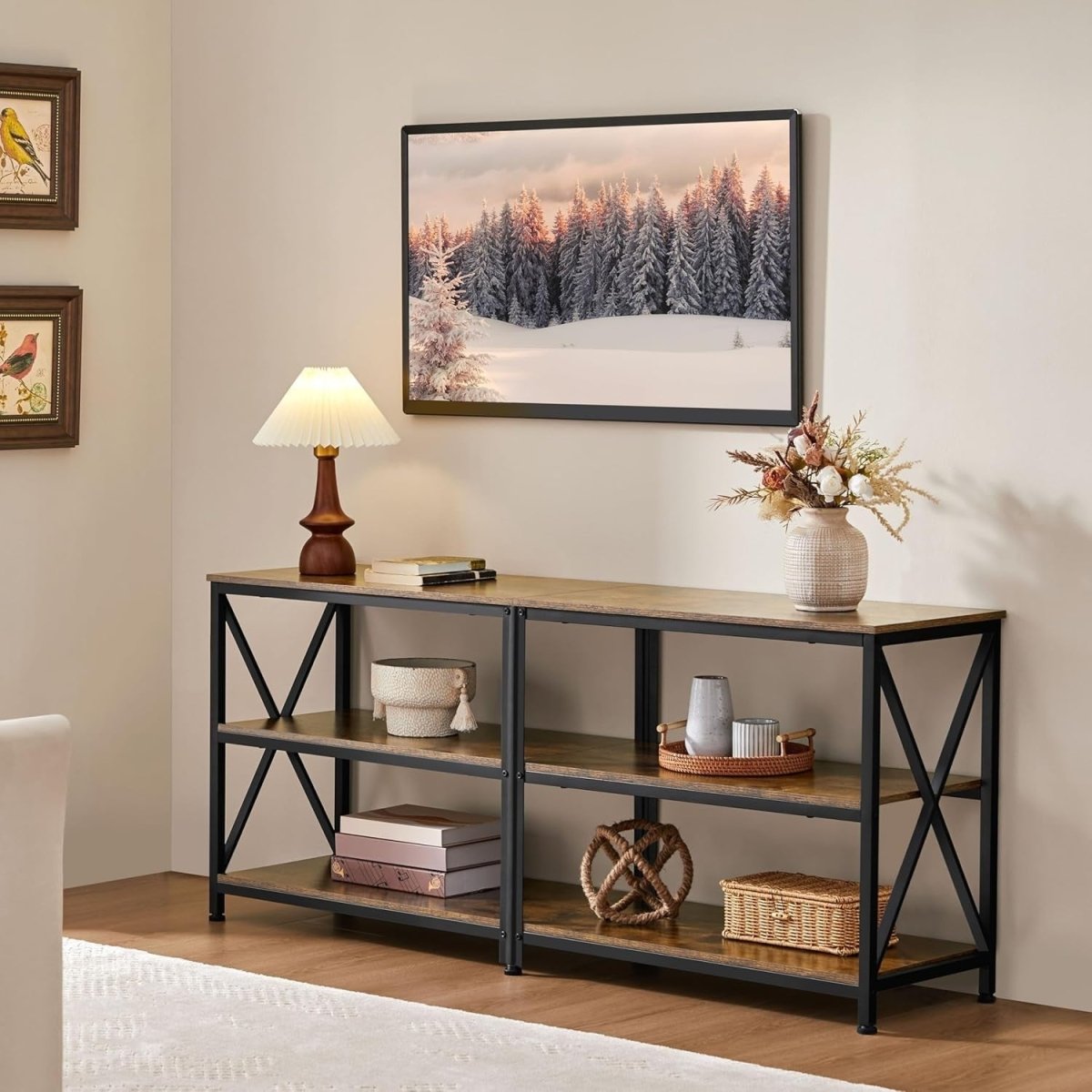 Rustic TV Stand Unit for 65" TVs Storage Shelves Industrial Metal Wood - Kwikley