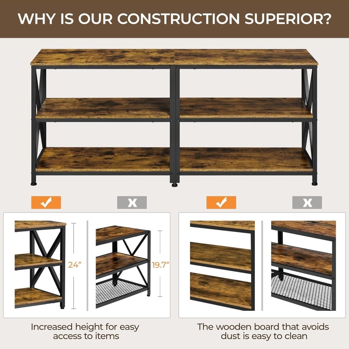 Rustic TV Stand Unit for 65" TVs Storage Shelves Industrial Metal Wood - Kwikley