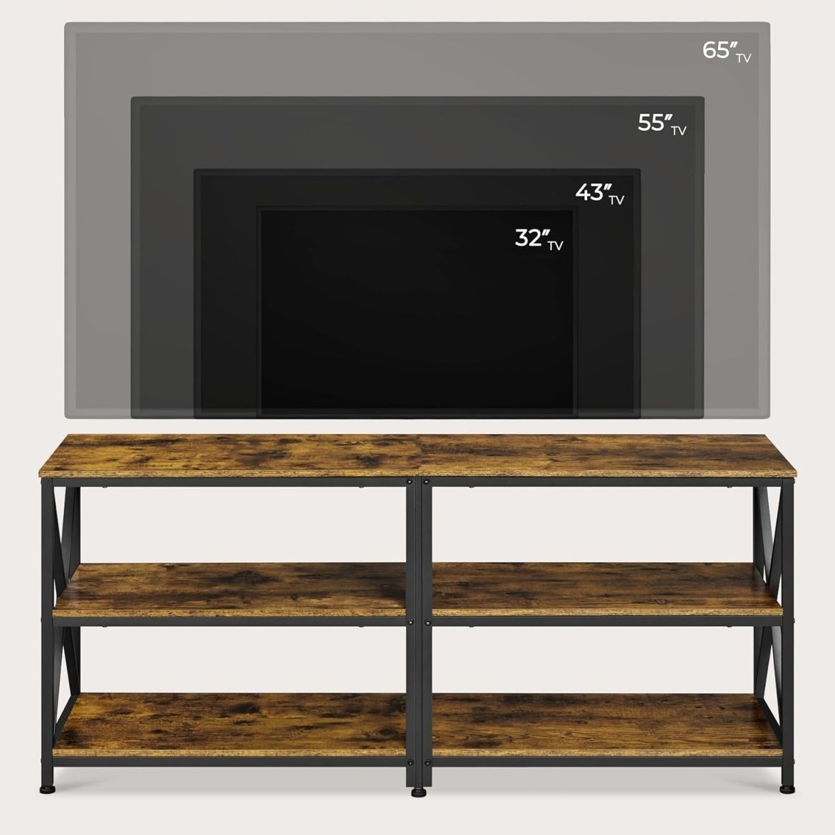 Rustic TV Stand Unit for 65" TVs Storage Shelves Industrial Metal Wood - Kwikley