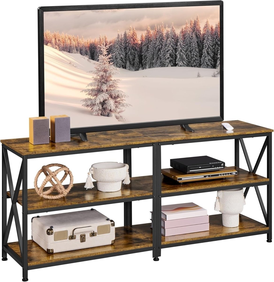 Rustic TV Stand Unit for 65" TVs Storage Shelves Industrial Metal Wood - Kwikley