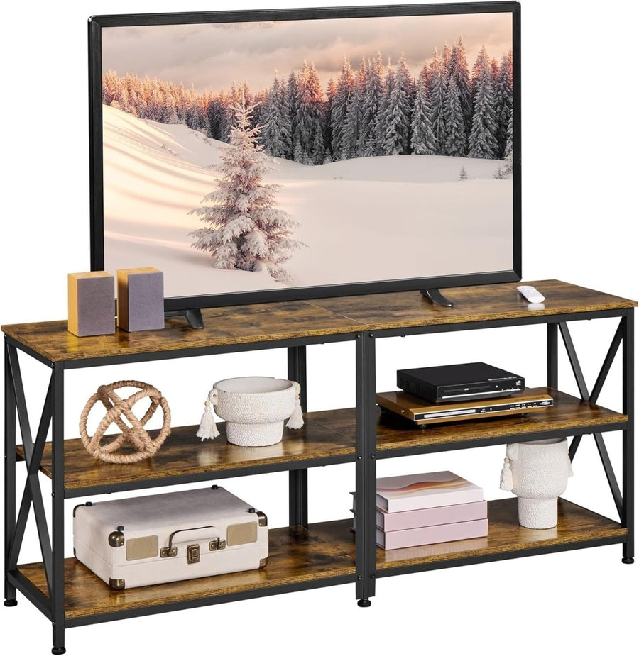 Rustic TV Stand Unit for 65" TVs Storage Shelves Industrial Metal Wood - Kwikley