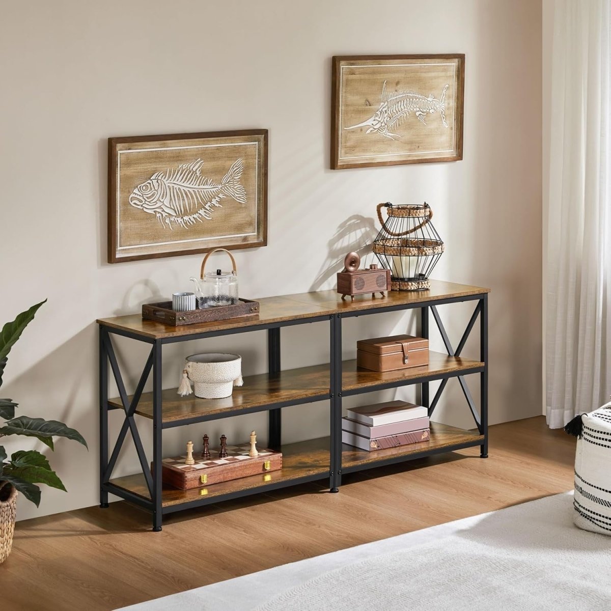 Rustic TV Stand Unit for 65" TVs Storage Shelves Industrial Metal Wood - Kwikley