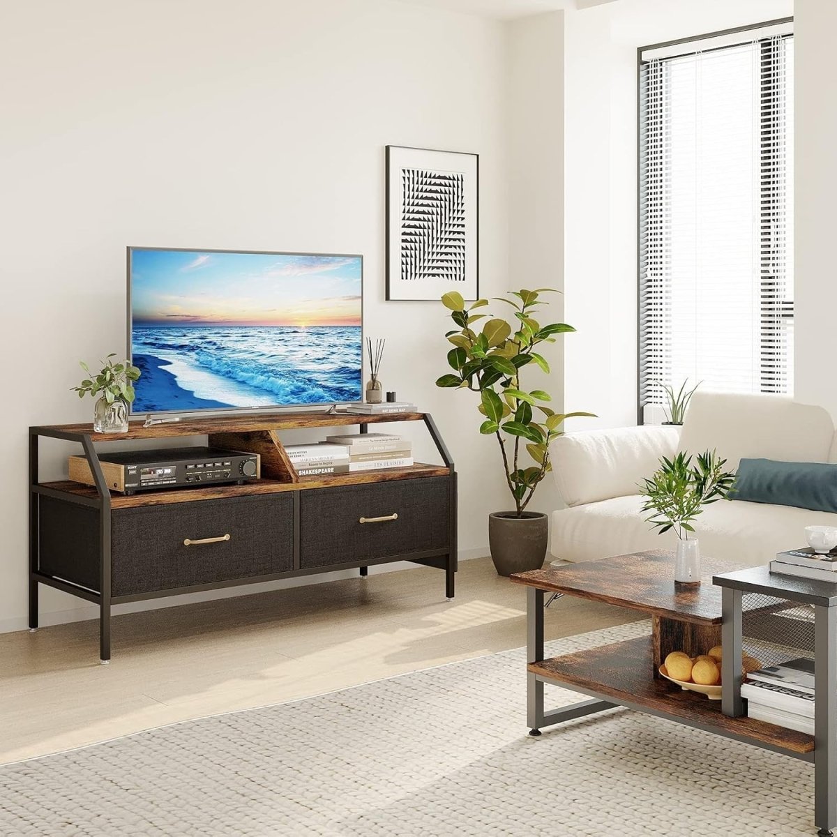 Rustic TV Stand with Storage Boxes & Adjustable Legs - Living Room Console - Kwikley