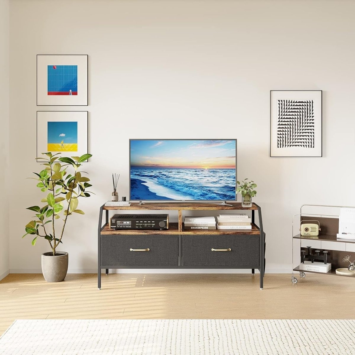 Rustic TV Stand with Storage Boxes & Adjustable Legs - Living Room Console - Kwikley