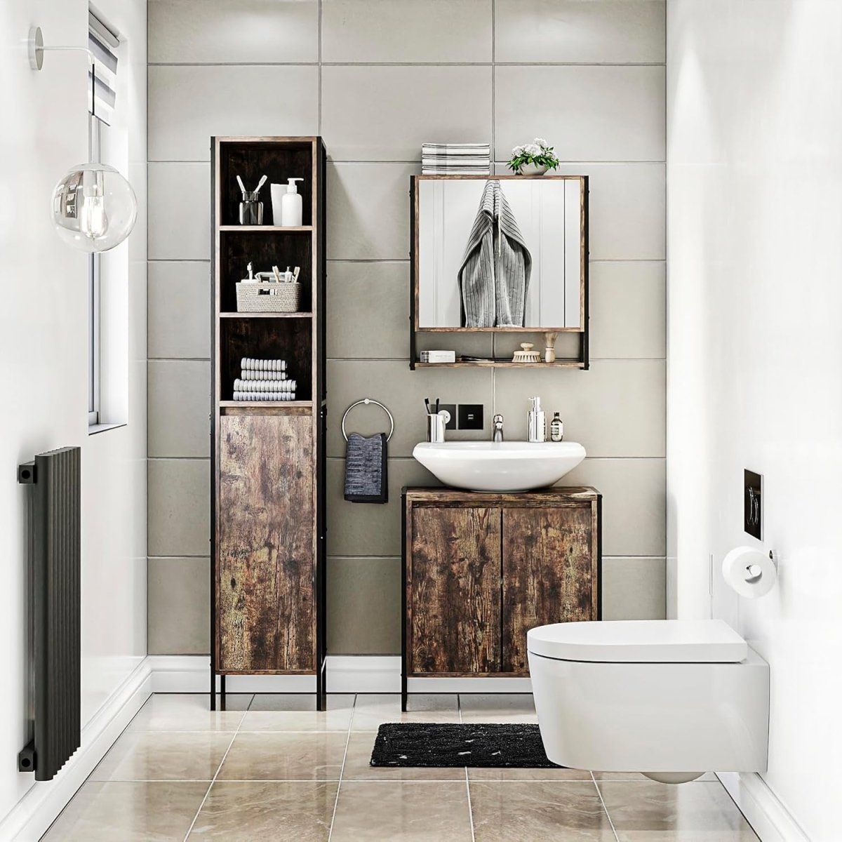 Rustic Under Sink Bathroom Cabinet 2 Door Storage Unit 60x34x65cm Wood - Kwikley