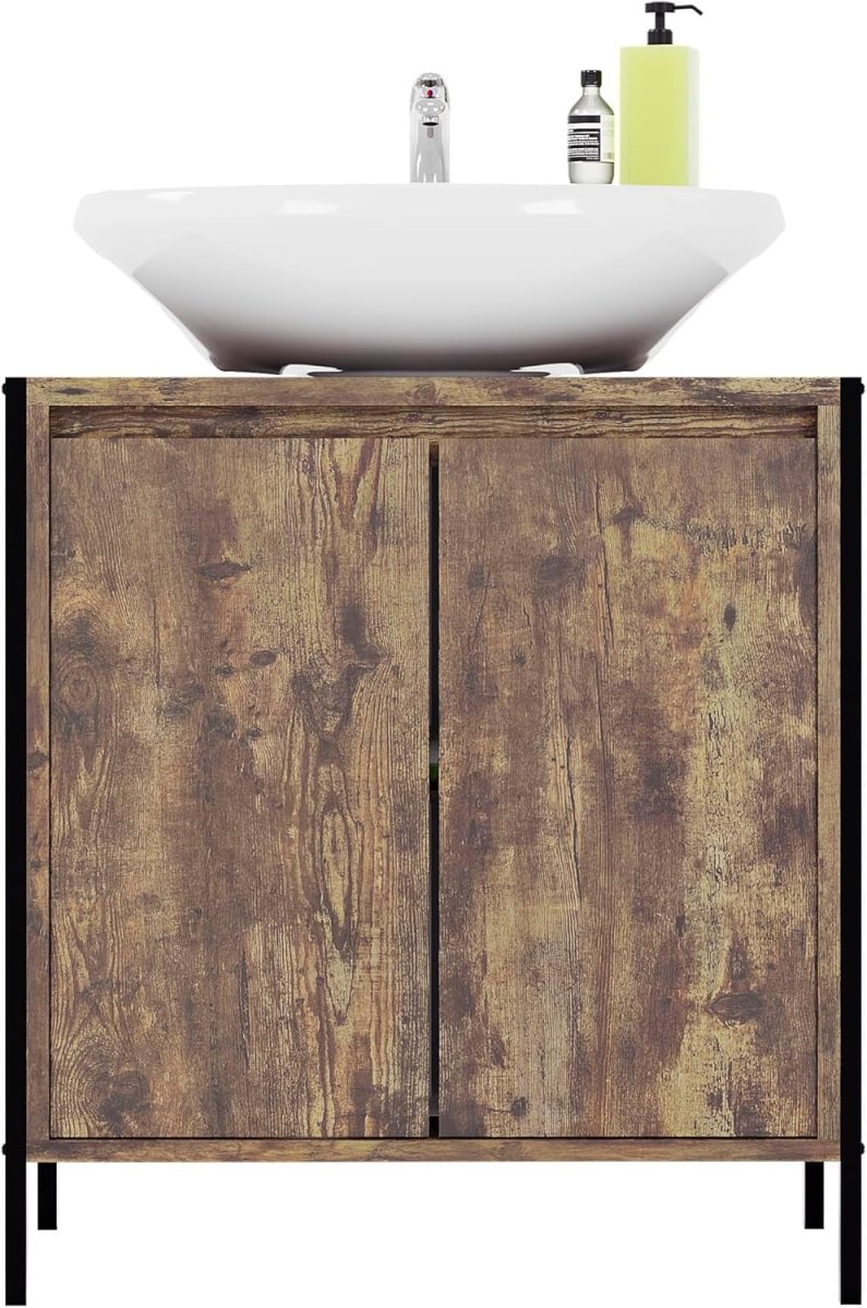 Rustic Under Sink Bathroom Cabinet 2 Door Storage Unit 60x34x65cm Wood - Kwikley