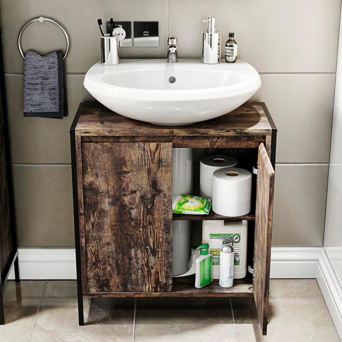 Rustic Under Sink Bathroom Cabinet 2 Door Storage Unit 60x34x65cm Wood - Kwikley