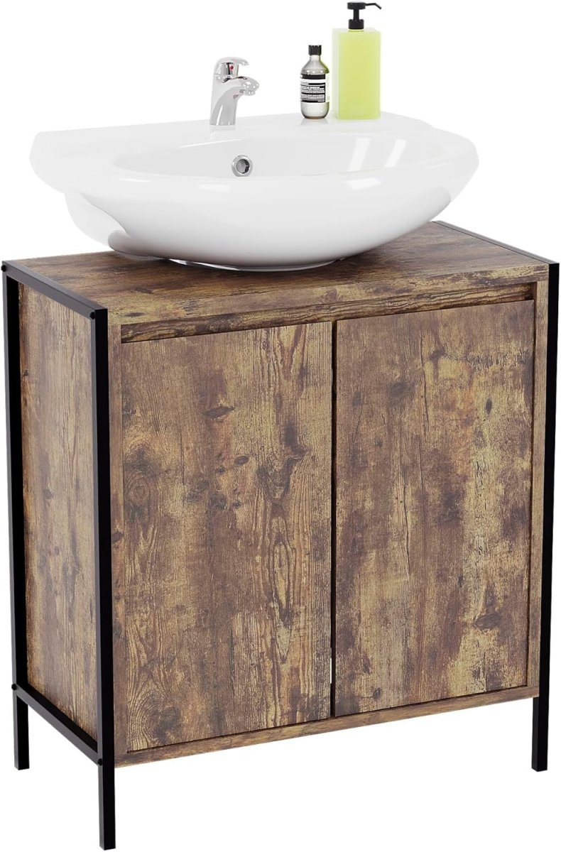 Rustic Under Sink Bathroom Cabinet 2 Door Storage Unit 60x34x65cm Wood - Kwikley
