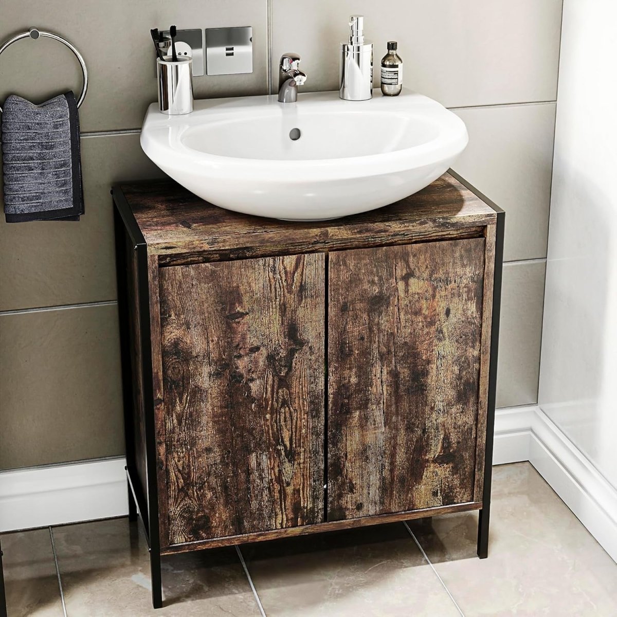 Rustic Under Sink Bathroom Cabinet 2 Door Storage Unit 60x34x65cm Wood - Kwikley